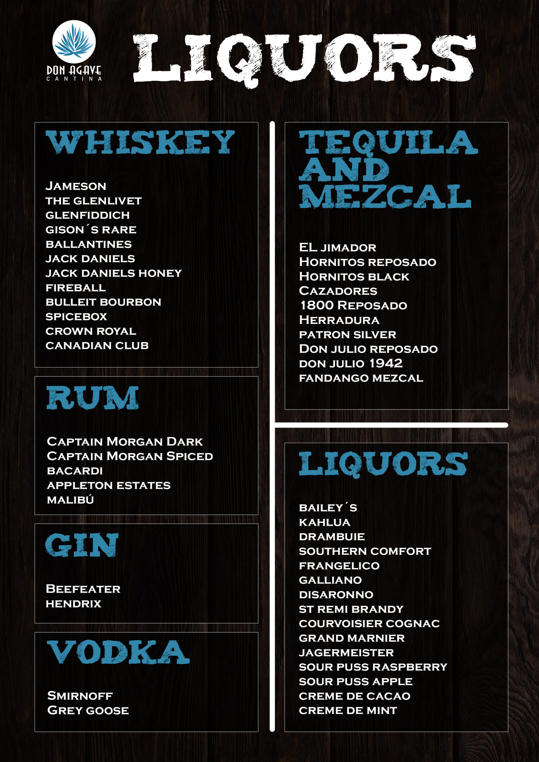 Liquors menu